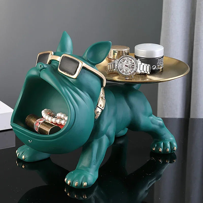 Resin Bulldog Statue with Storage Tray – Decorative Dog Sculpture for Modern Home Decor